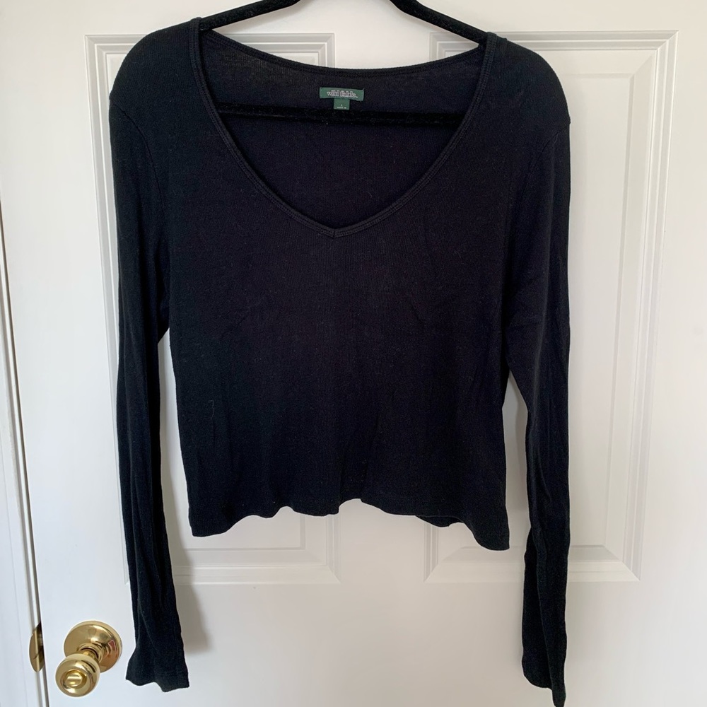Black Cropped Long Sleeve Shirt. Deep V-neck. Looks cute with jeans and booties!